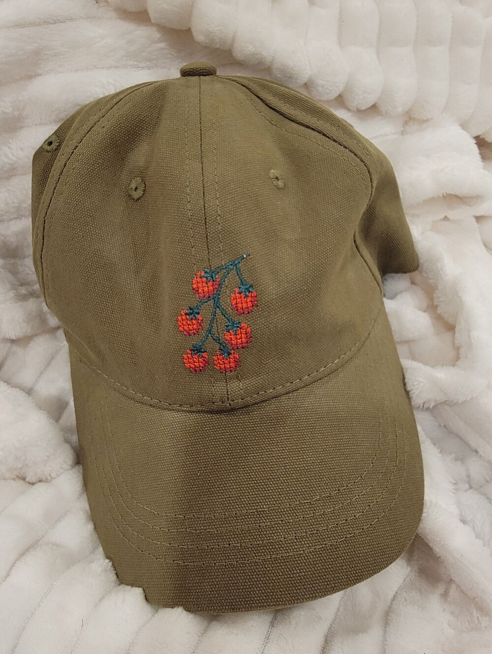 Anthropologie Olive Green Embroidered Cherry Baseball Cap